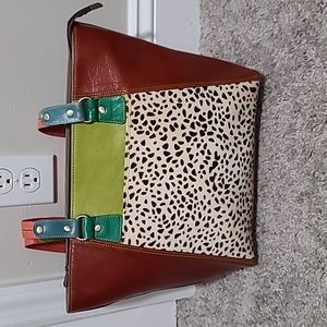 Folklore Couture Leather Colorblock Mixed Media Shoulder Tote Bag